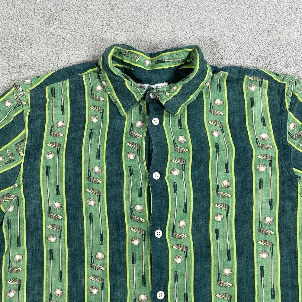 Zara Shirt Mens Medium Green Button Up Short Sleeve Viscose Golf Clubs Striped - Picture 3 of 10